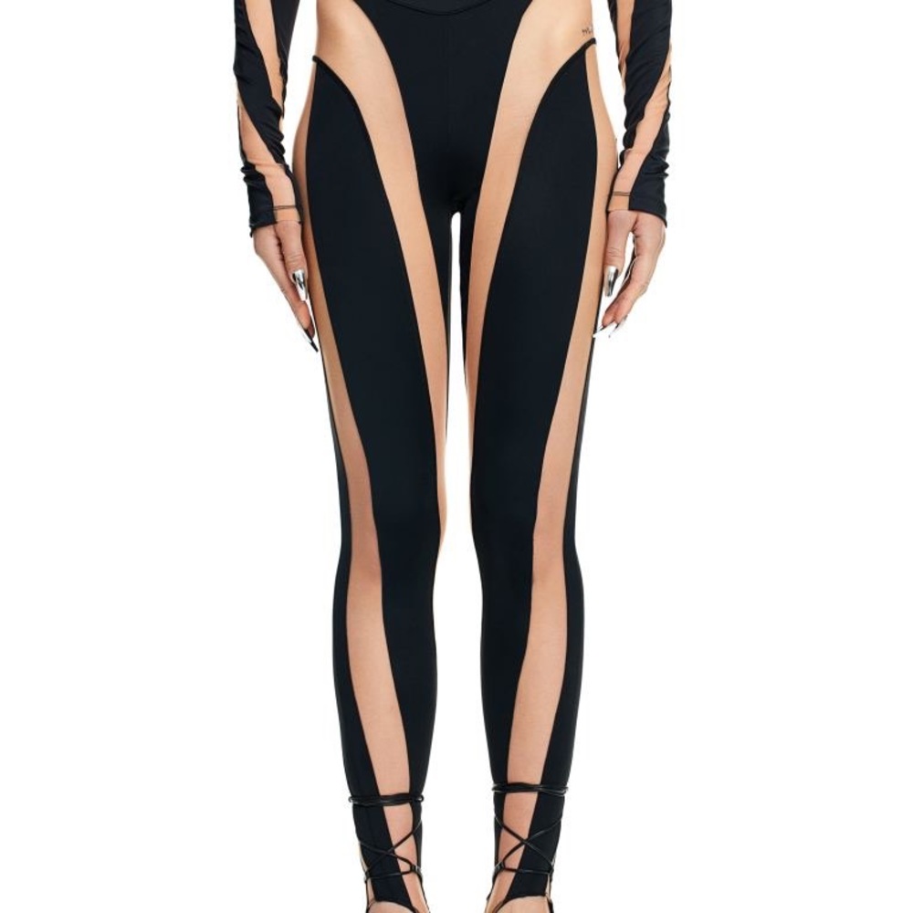 Mugler H&M Beige/Nude mesh Black Spiral Leggings
